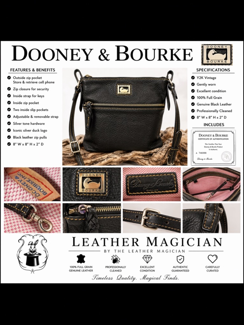 Dooney & Bourke Black Leather Shoulder/Crossbody Bag Y2K Vintage + COA